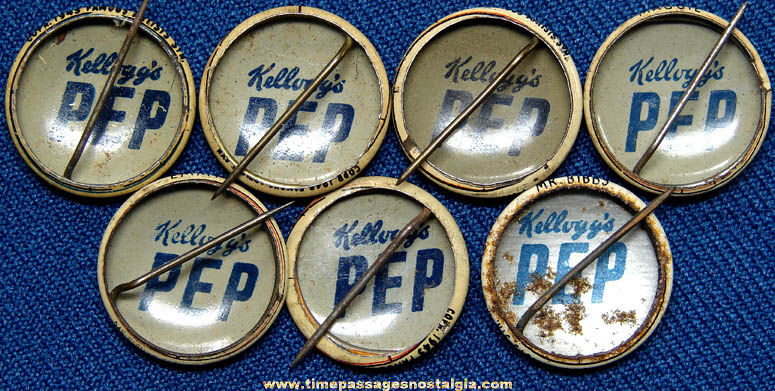 (7) 1940s Kellogg’s PEP Cereal Prize Comic Character Pin Back Buttons