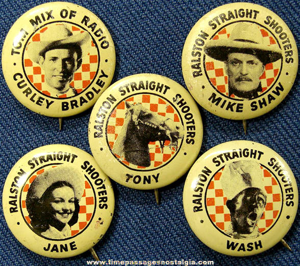 Set of (5) 1946 Tom Mix Character Lithographed Tin Premium Decoder Pin Back Buttons