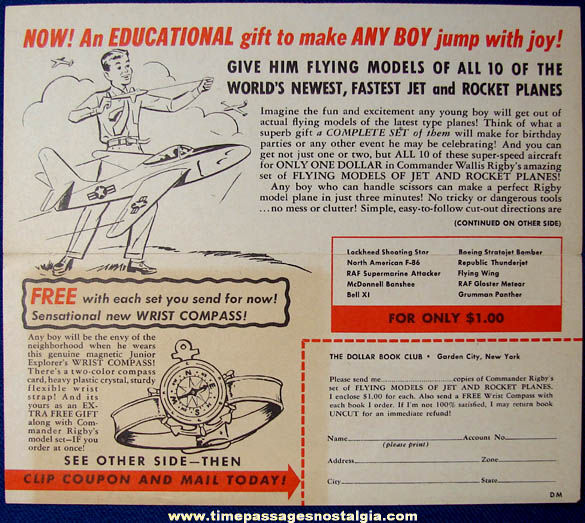 Old Airplane Model Kit Book Advertisement with a Wrist Compass Premium