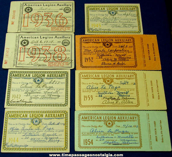 (8) 1936 - 1954 American Legion Auxiliary Membership Cards