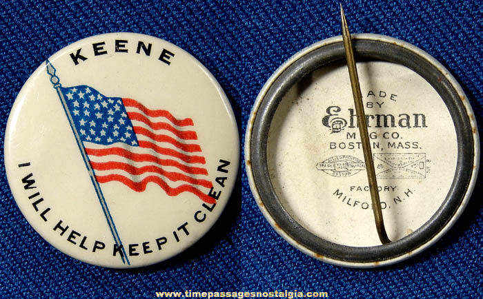 Old Keene New Hampshire Celluloid American Flag Pin Back Button