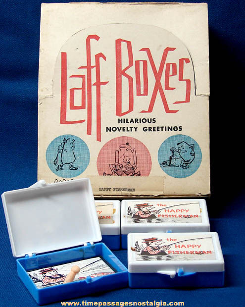 (4) Old Happy Fisherman Novelty Joke Laff Boxes With Store Display Box