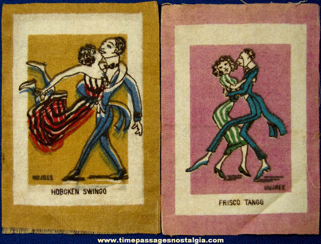 (2) Different Old Tobacco Premium Miniature Cloth Rugs With Dancers