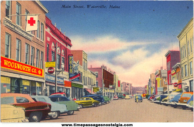 Colorful Old Unused Waterville Maine Main Street Post Card