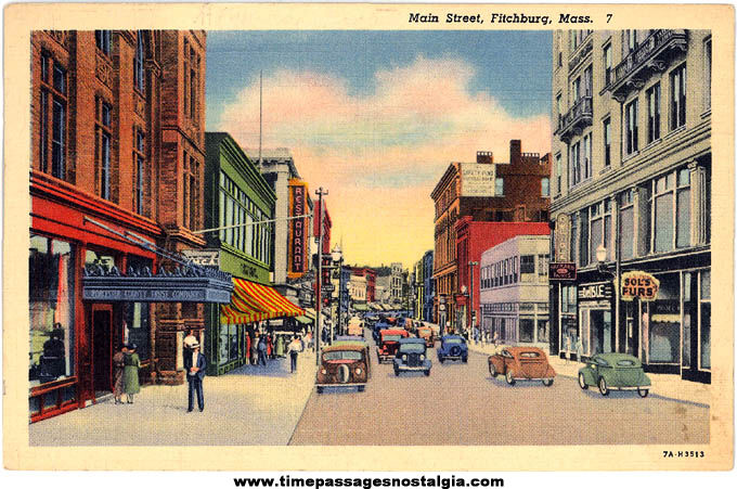 Colorful Old Unused Fitchburg Massachusetts Main Street Linen Post Card