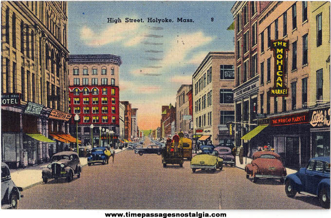 Colorful 1948 Holyoke Massachusetts High Street Linen Post Card