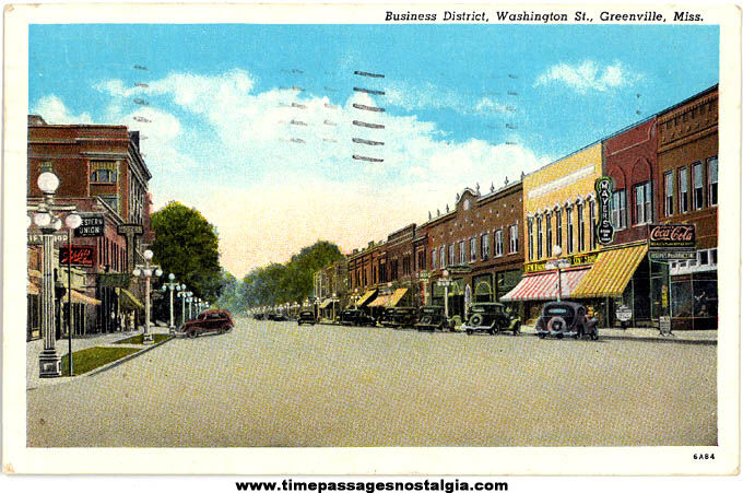 Colorful 1940 Downtown Greenville Mississippi Linen Post Card