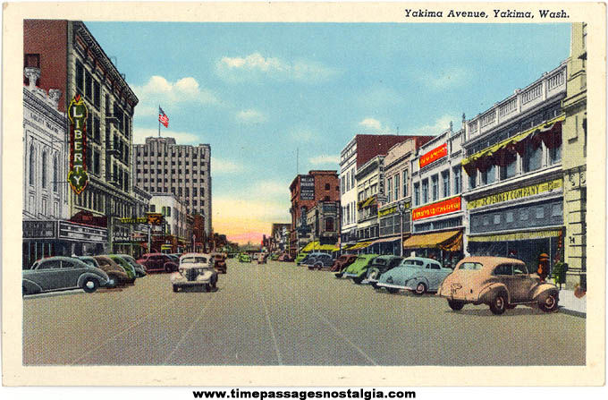 Colorful Old Unused Downtown Yakima Washington Linen Post Card