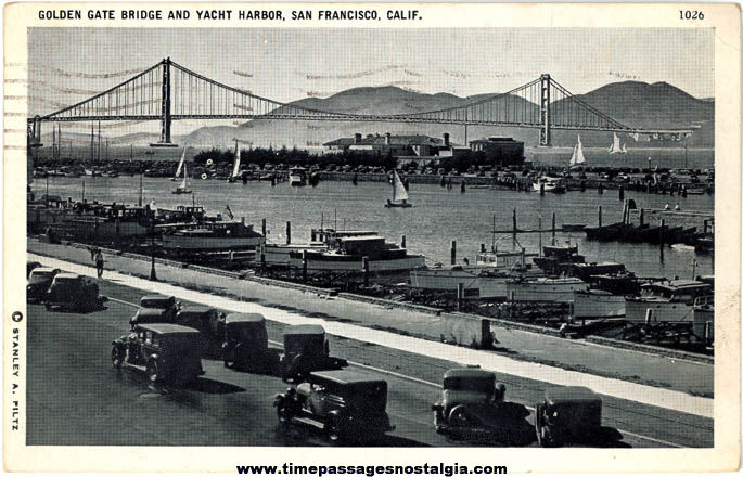 1941 Golden Gate Bridge & San Francisco California Yacht Harbor Post Card