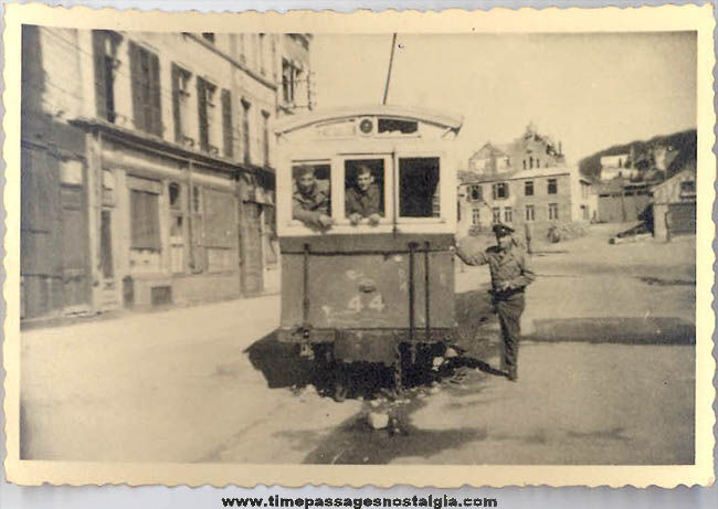 Old Boulogne France Electric Street Car #44 with Soldiers Photograph