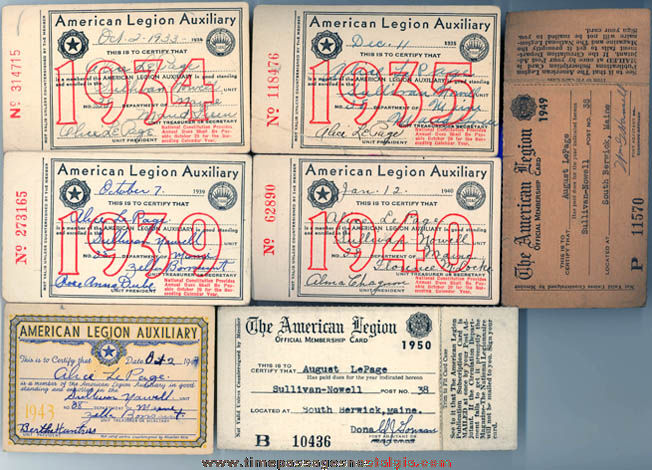 (7) 1934 - 1950 American Legion Auxiliary Membership Cards