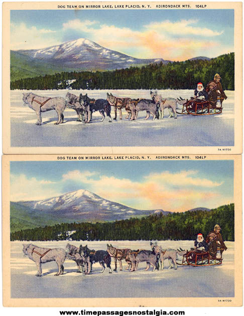 (2) Colorful Old Unused Lake Placid New York Sled Dog Team Linen Post Cards