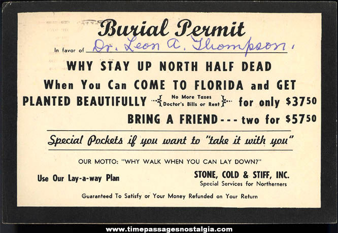 1957 Florida Funeral Burial Permit Joke Post Card