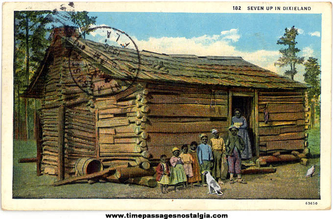 Colorful 1936 Dixieland Log Cabin & Black Family Post Card