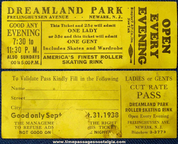 1938 Dreamland Park Newark New Jersey Roller Skating Rink Advertising Ticket