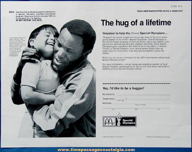 1981 McDonald’s Special Olympics Advertising Campaign Slick Sheet