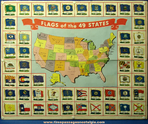 Complete Set of (49) 1959 Nabisco Cereal Prize Lithographed Tin United States Flags With Premium Map