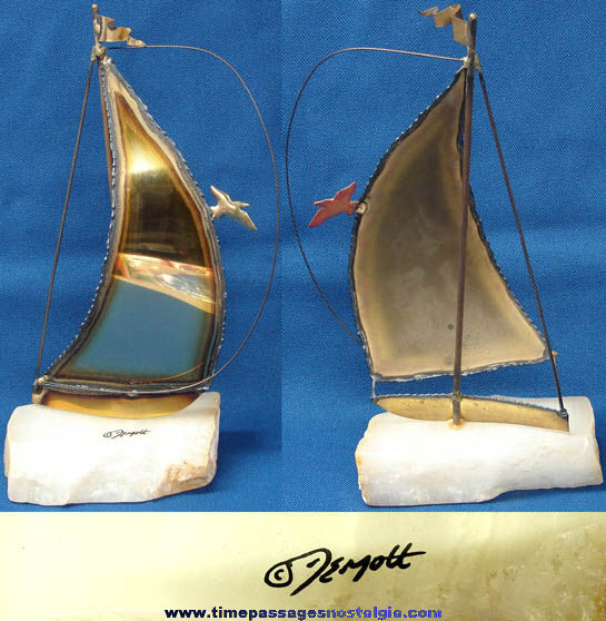 Old Signed Metal & Stone Sail Boat Sculpture