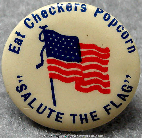 Early 1900s Checkers Popcorn Confection Advertising Premium Celluloid Flag Pin Back Button
