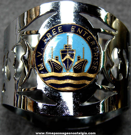 Old M.V. Free Enterprise Enameled Metal Ship Advertising Souvenir Napkin Ring