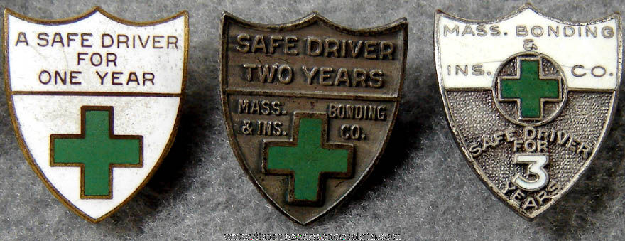(3) Old Enameled Massachusetts Bonding & Insurance Company Safe Driver Award Pins