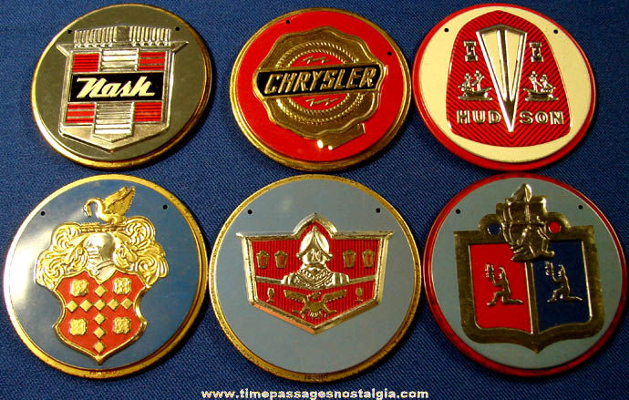 (6) 1950s Embossed Lithographed Tin Wheaties Cereal Prize Auto Emblems
