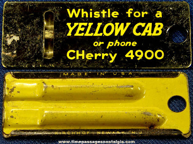 Old Lithographed Tin Kirchhof Yellow Cab Advertising Premium Two Tone Whistle