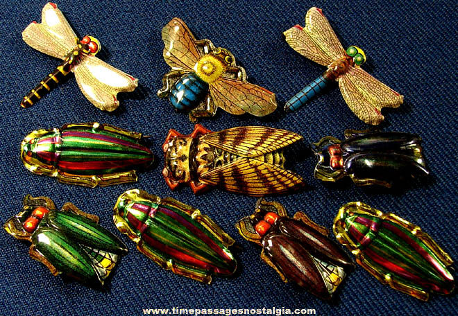 (10) Colorful Old Unused Lithographed Tin Insect Jewelry Pins