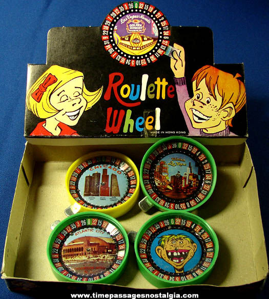 (4) Lithographed Tin & Plastic Toy Roulette Wheels With Store Display Box