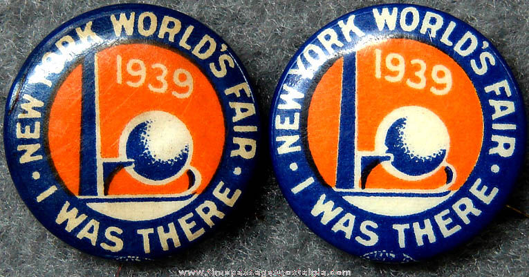 (2) Colorful 1939 New York World’s Fair Celluloid Advertising Souvenir Pin Back Buttons