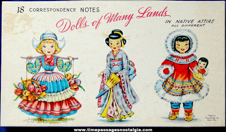 Colorful Old Boxed Set of (18) Dolls of Many Lands Greeting Cards