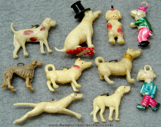 (10) Colorful Old Celluloid Toy Dog Charms