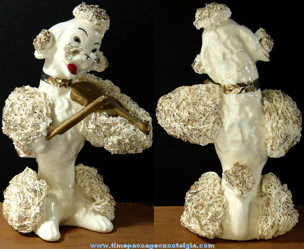 Old Porcelain White Poodle Dog With Violin Spaghetti Figurine