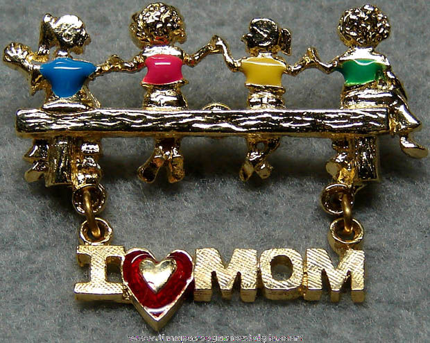 Enameled Mother Jewelry Pin with Children & Hanging Charm