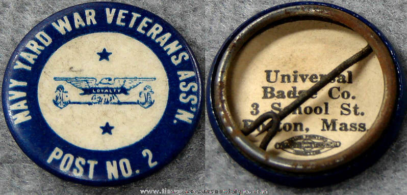 Old Celluloid Navy Yard War Veterans Association Advertising Pin Back Button