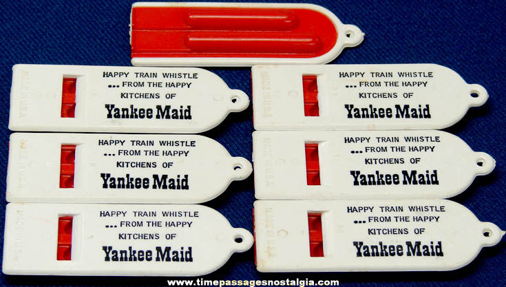 (7) Old Unused Yankee Maid Restaurant Advertising Premium Toy Whistles