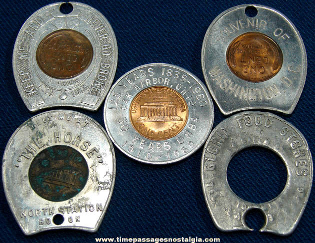 (5) Different Old Advertising Premium Encased Cent Token Charms
