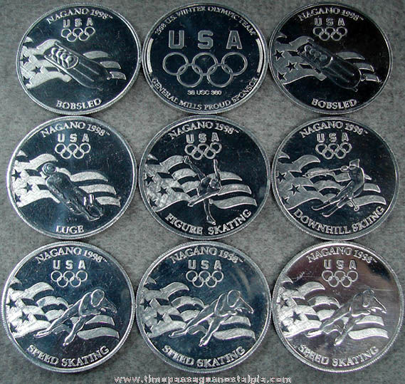 (9) 1998 General Mills Cereal Prize United States Winter Olympic Sports Token Coins