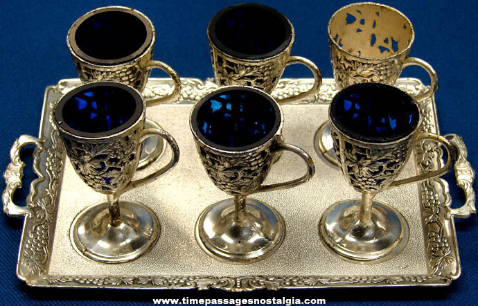 Boxed Set of (6) Miniature Drink Glasses with Cobalt Blue Glass Inserts and ServingTray