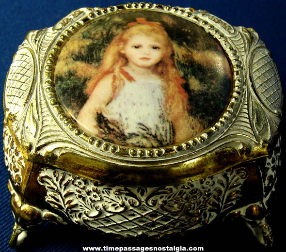 Small Old Metal Jewelry or Trinket Box with a Young Girl