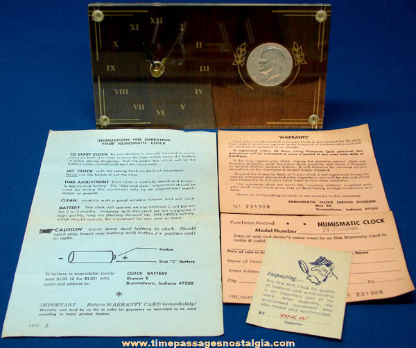 Unused 1970s Numismatic Clock with United States Eisenhower Dollar Coin