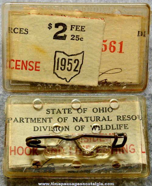 1952 State of Ohio Resident Fishing License with Pin Holder