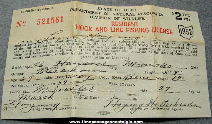 1952 State of Ohio Resident Fishing License with Pin Holder