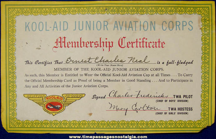 1938 Kool Aid Junior Aviation Corps Membership Certificate