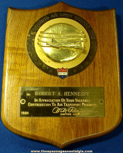 1961 Engraved United Airlines 100,000 Mile Club Employee Award Plaque