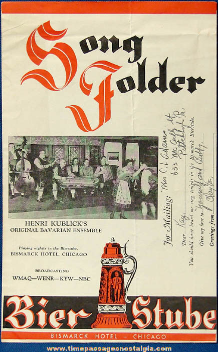 Old Chicago Bismarck Hotel Advertising Bier Stube Souvenir Song Folder