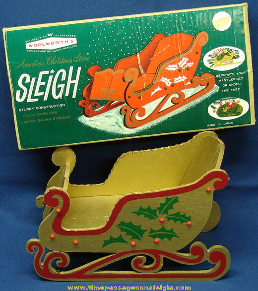 Old Boxed Woolworth Christmas Decoration Folding Wooden Sleigh