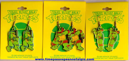 (3) Unused ©1990 Pairs Of Carded Teenage Mutant Ninja Turtles Figure Earrings
