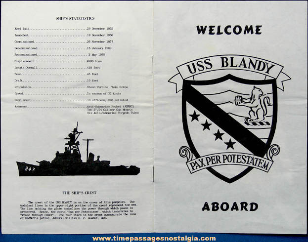 Old U.S.S. Blandy DD-943 Souvenir Welcome Aboard Brochure