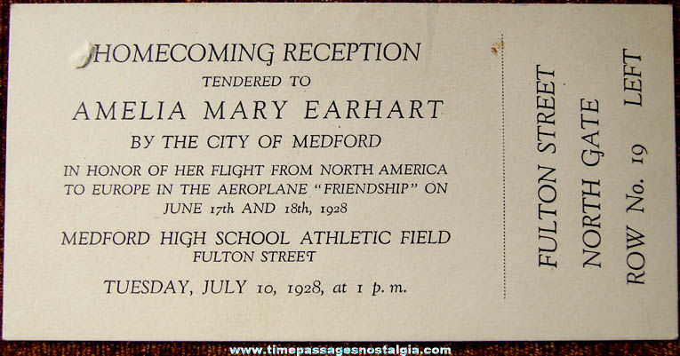 Unused 1928 Amelia Earhart Friendship Aeroplane Homecoming Ticket